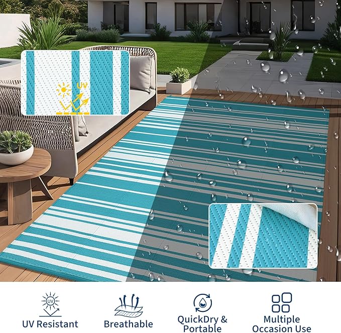 Waterproof Outdoor Rug 8x10 Contemporary Reversible Plastic Straw Rug, Easy Cleaning Striped Patio Carpet, UV-Resistant Indoor Outdoor Floor Cover for RV, Porch, Deck, Backyard, Light Blue-Ruum Studio Home