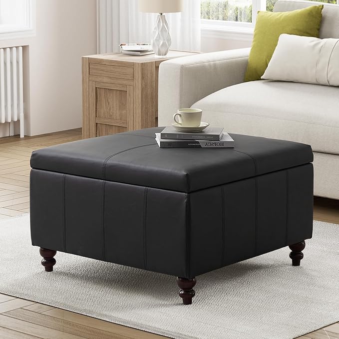 HUIMO Square Leather Storage Ottoman, Black Tufted Large Ottoman for Living Room, Coffee Table with Storage(Black)-Ruum Studio Home