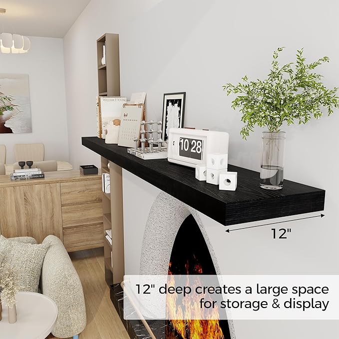 Fun Memories 72 Inch Floating Shelf, 12 Inch Deep Wall Shelf for Fireplace Mantel, Deep Storage Shelves for Home & Office, Wall Shelves with Invisible Bracket, Black, Set of 1-Ruum Studio Home