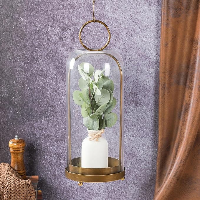 20" High Versatile Modern Metal Hurricane Lantern with Handmade Sturdy Glass Dome for Pillar Candle & Plants (Brass, 7.5"x20")-Ruum Studio Home