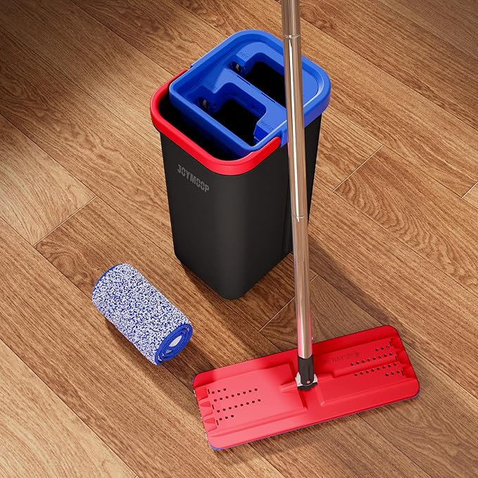 JOYMOOP Mop and Bucket Set for Home, Hands-Free Self-Cleaning System, with 5 Reusable Microfiber Mop Pads, Suitable for Floor Cleaning and Wall Cleaner - Black+Red+Slate Blue-Ruum Studio Home