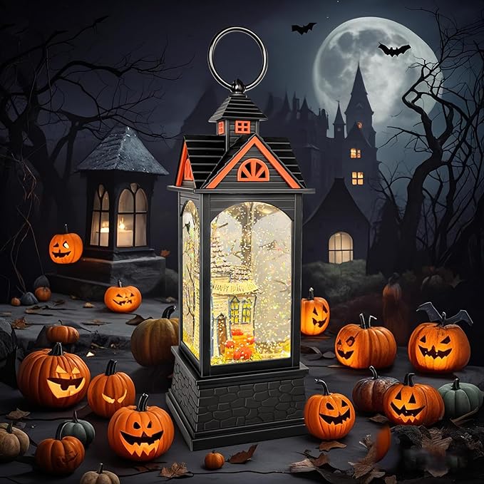 Halloween Snow Globe Lantern, Spooky Ghost Halloween Decor, Plug-in & Battery Operated Snow Globes for Halloween Decorations Indoor-Ruum Studio Home