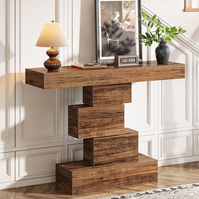 Tribesigns 42.5" Farmhouse Console Table, Narrow Wood Sofa Table Behind Couch with Geometric Base, Industrial Entryway Accent Table for Living Room, Hallway, Entrance (Rustic Brown)-Ruum Studio Home