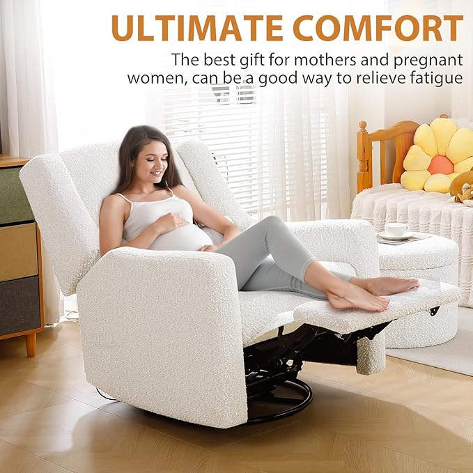 Power Recliner Chair Swivel Glider, Large Rocker Recliner w/USB Charging Port, Boucle Upholstered Swivel Rocker Glider Recliner for Nursery,Bedroom,Living Room, 1PC, Cream-Ruum Studio Home