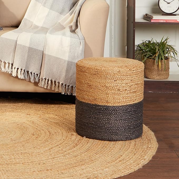 REDEARTH · Cylindrical Pouf Foot Stool Ottoman - Jute Braided Pouffe Poof Accent Sitting Footrest for Living Room, Bedroom, Nursery, Patio, Lounge - Set of 2 (14.5”x14.5”x16”; Natural Gray)-Ruum Studio Home