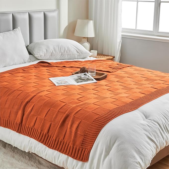 CozeCube Check Knit Throw Blanket, Rust Orange Checkered Throw for Couch, Decorative Christmas Soft Cozy Warm Knitted Blanket for Bed Sofa Living Room, 60"X80"-Ruum Studio Home