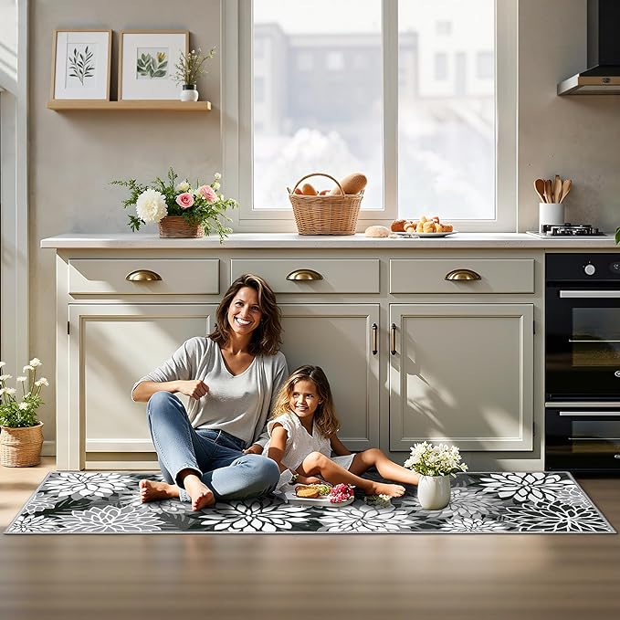 Area Rug 2x6 Black White Washable Entry Rug Multicolored Tropical Botanical Modern Floral Indoor Kitchen Door Mat Entrance Carpet Non Slip for Bedroom Living Room, Porch-Ruum Studio Home