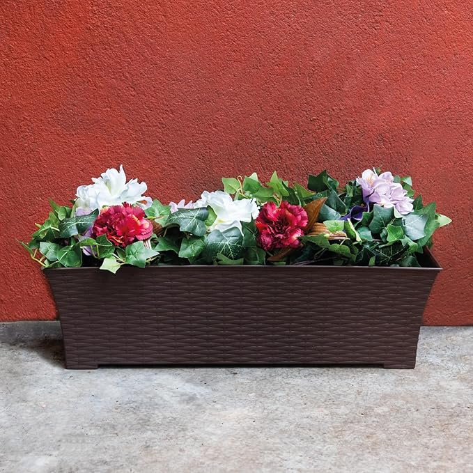 Elly Décor Set of 2 24x8 Rectangular Modern, Resistant and Self Watering Planter with Rattan-Like Finish, 24", Chocolate Brown-Ruum Studio Home