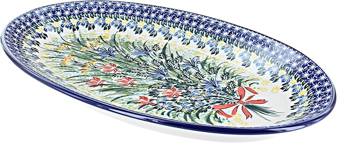 Blue Rose Polish Pottery Day Lily Bouquet Oval Platter-Ruum Studio Home