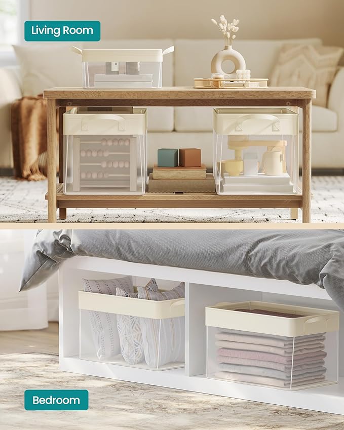 SONGMICS Storage Bins Set of 3, Large Fabric Storage Baskets, Foldable Organizer with Transparent Nylon Mesh, 19.7 x 11.8 x 11.8 Inches, Handles, for Bedroom, Living Room, Cream White URFB950W01-Ruum Studio Home
