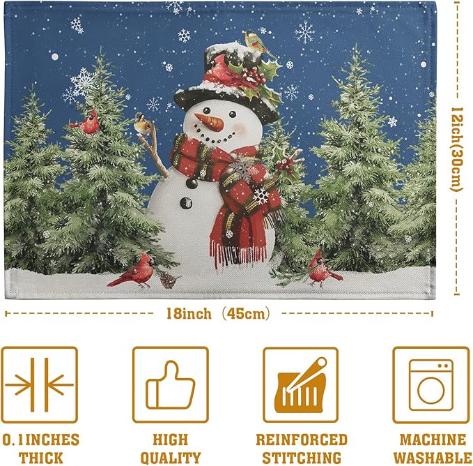 Blue Snowman Christmas Placemats Set of 4 Xmas Tree Cardinal Snowflakes Linen Table Mats Seasonal Winter Holiday Place Mats Washable Placemat for Party Kitchen Dining Outdoor Indoor Decor-Ruum Studio Home