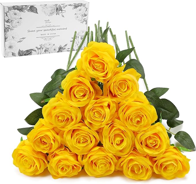 Yellow Fake Roses Artificial Flowers - 16 Pcs Fake Artificial Roses Silk Flowers with Stems for Home Wedding Hotel Office Centerpiece Decor-Ruum Studio Home