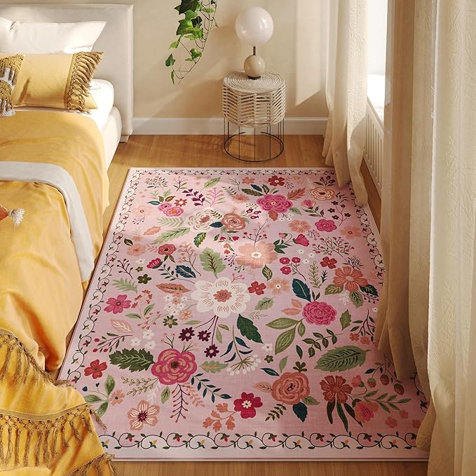 Area Rug 4x6 Rug Washable Boho Rugs Non Slip Low Pile Floral Small Carpet for Bedroom, Bedside, Kids Room, Office, Dining Room(Pink)-Ruum Studio Home