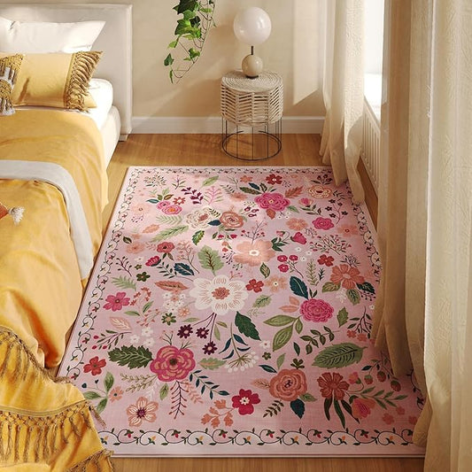Bedroom Rug 3x5 Rug Washable Area Rug Non Slip Low Pile Boho Floral Small Carpet for Bedroom, Bedside, Kitchen, Entryway, Kids Room, Office, College Dorm Essentials for Girls(Pink)-Ruum Studio Home