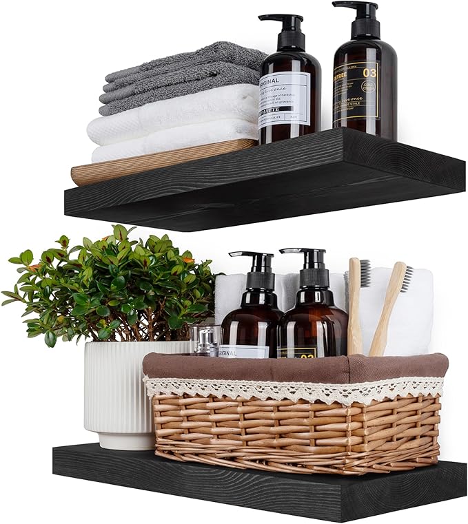 BGMG Wood Floating Shelves 16 inch, Wide Rustic Wooden Wall Shelves for Bathroom Living Room Bedroom Kitchen Farmhouse Set of 2-16x 6.7 x1.25 inch- Black-Ruum Studio Home