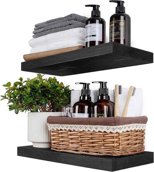 BGMG Wood Floating Shelves 16 inch, Wide Rustic Wooden Wall Shelves for Bathroom Living Room Bedroom Kitchen Farmhouse Set of 2-16x 6.7 x1.25 inch- Black-Ruum Studio Home