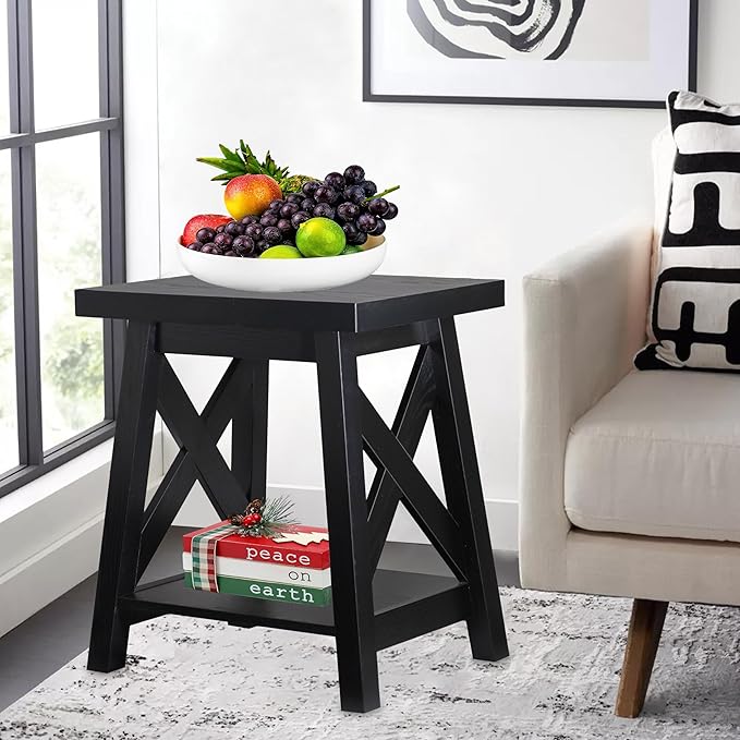 Black End Table, 2-Tier End Tables Living Room, Wood Side Table, Modern Side Table-Ruum Studio Home