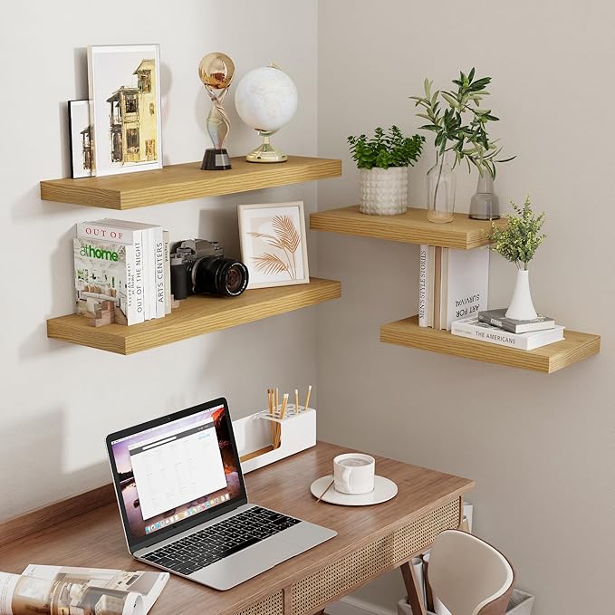 Fun Memories 16 Floating Shelves for Wall, 9 Inch Deep Floating Shelf for Bathroom, Rustic 16 x 9 Floating Shelf for Kitchen, Bedroom, Wide Wooden Shelves Wall Mounted, Oak Color, Set of 2-Ruum Studio Home