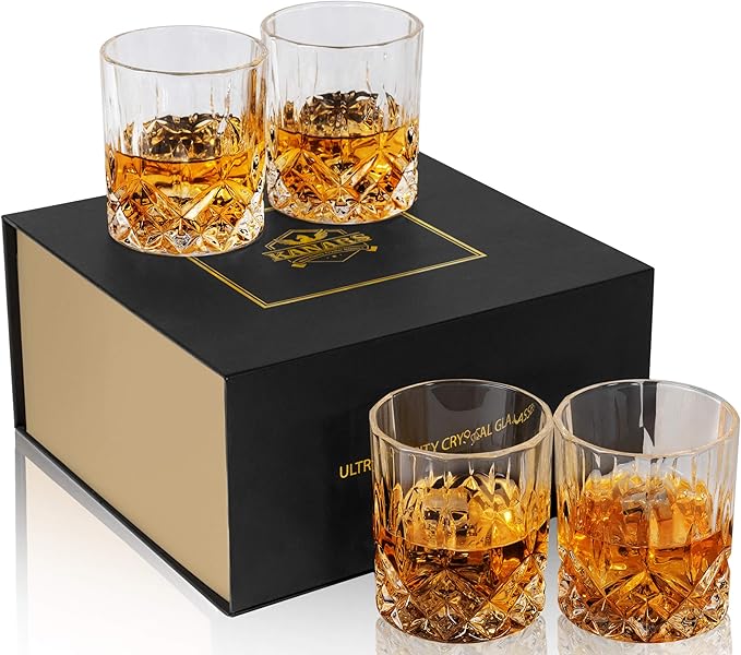 KANARS Old Fashioned Whiskey Glasses with Luxury Box - 10 Oz Rocks Barware For Scotch, Bourbon, Liquor and Cocktail Drinks - Set of 4 - Men Gift-Ruum Studio Home
