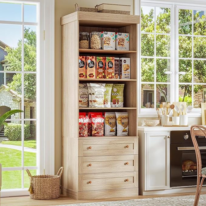 Vyre 71" Tall Farmhouse Bookshelves with Drawers, Large Modular Bookcase with Adjustable Shelves, Storage Cabinet for Living Room， Home Office, Kitchen, Brown-Ruum Studio Home