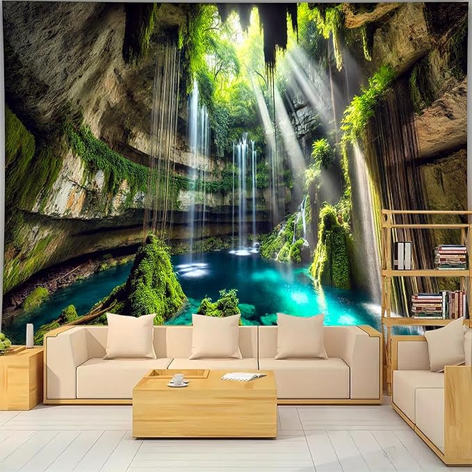 BSFHH Nature Tapestry Forest Tree Sea Cave Wall Hanging, Stream Through Rainforest Landscape Wall Art Tapestry for Bedroom Living room (Fall, 90"×70", Unframed)-Ruum Studio Home