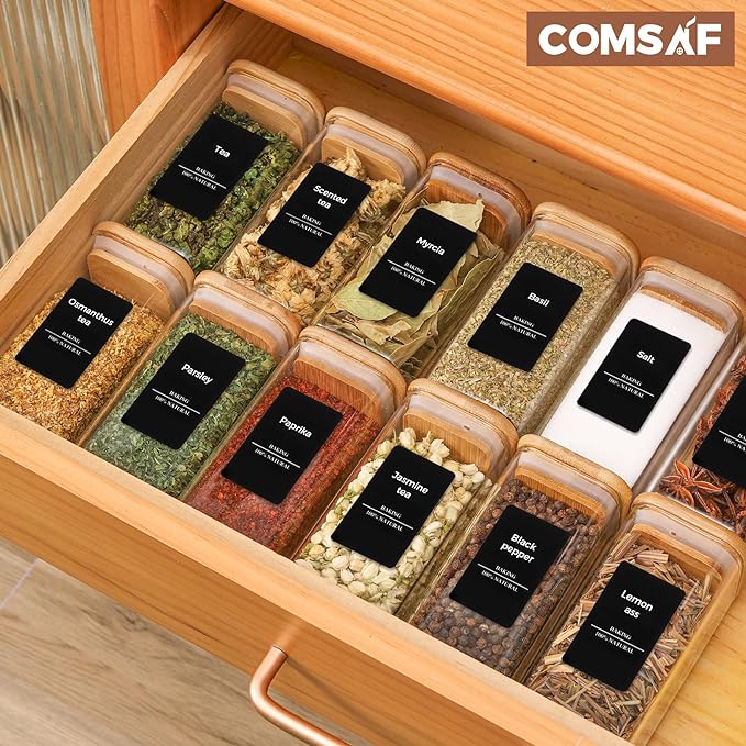 ComSaf 16Pcs Glass Spice Jars with Bamboo Lid, 10oz Airtight Square Containers with 275 Black Lables, Empty Seasoning Jars for Spice Salt Sugar-Ruum Studio Home