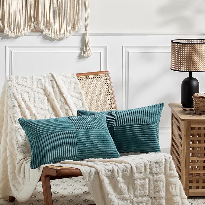 Fancy Homi 2 Packs Teal Lumbar Decorative Throw Pillow Covers 12x20 Inch for Living Room Couch Bed Sofa, Rustic Farmhouse Boho Home Decor, Soft Striped Corduroy Rectangle Accent Cushion Case 30x50 cm-Ruum Studio Home