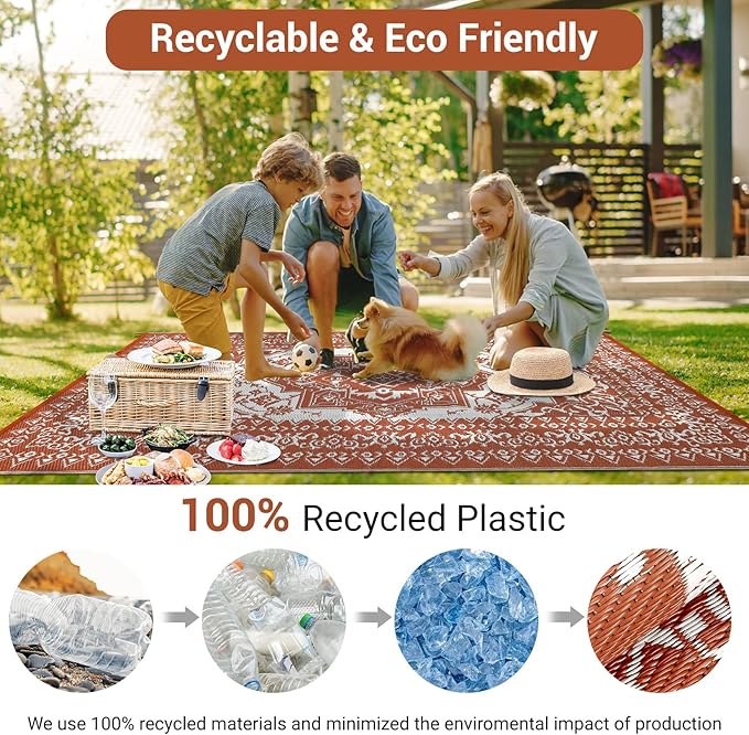 GAOMON Large Outdoor Plastic Straw Rug 10x14 Waterproof Patio Rug Reversible Foldable Portale Camping Mat with Stakes & Bag, Vintage Boho Outside Carpet for RV Garden Deck Porch, Orange Red-Ruum Studio Home