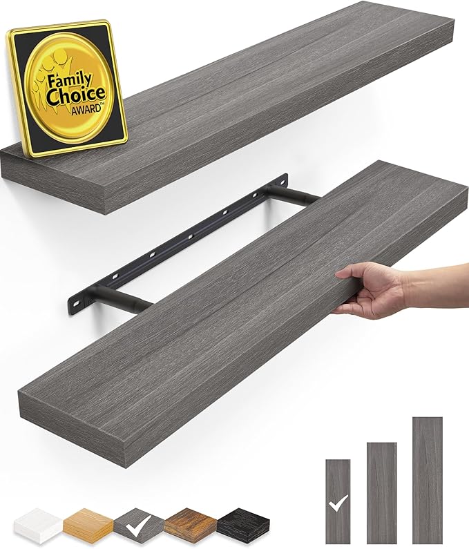 BAYKA Floating Shelves, 22.5" Wall Mounted Wood Shelves for Bathroom, Bedroom, Living Room, Kitchen, Hanging Shelf for Books/Storage/Decor (Grey,Set of 2)-Ruum Studio Home