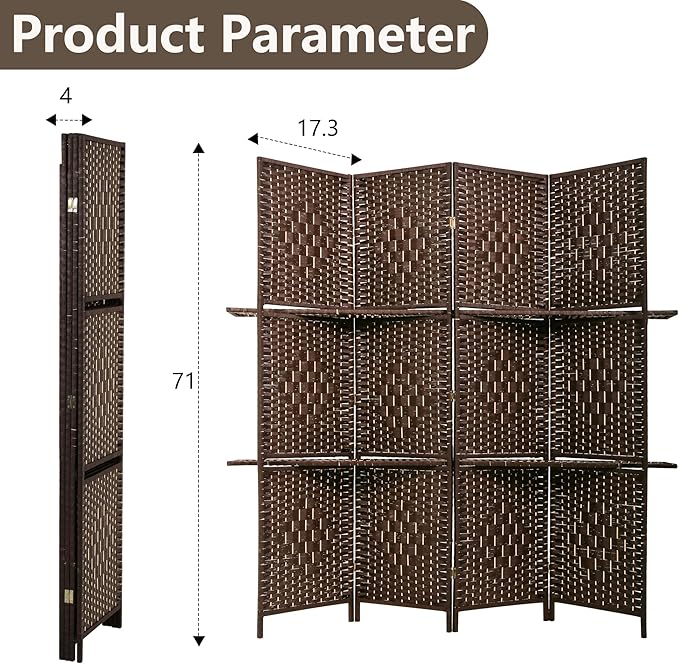 PayLessHere Room Divider 4 Panel Room Screen Divider Wooden Screen Folding Portable Partition Screen Wood with Removable Storage Shelves Color, Brown-Ruum Studio Home