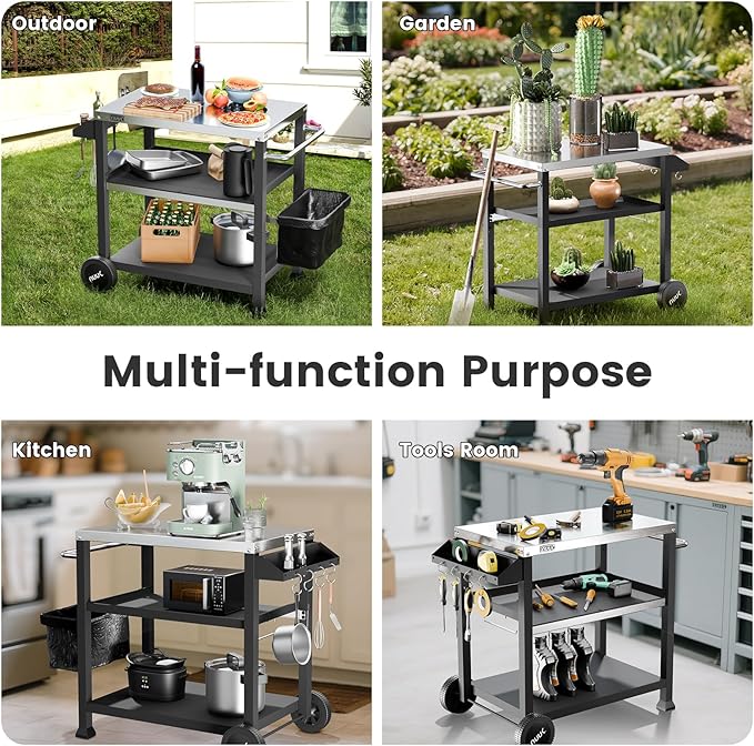 NUUK 3-Shelf Grill Cart with Stainless Steel Top – 20" x 32" Mobile Outdoor Kitchen Table for Pizza Oven, Food Prep, and Dining – Worktable with Wheels,-Ruum Studio Home