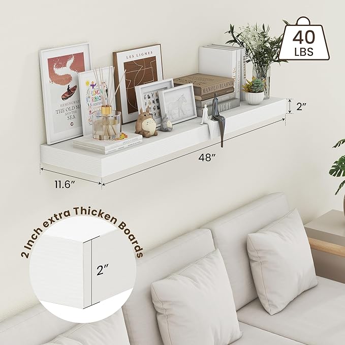 White Floating Shelves for Wall - 48 Inch Wide x 12 Inch Deep Wall Shelves Set of 1 - Rustic Wood Shelves for Living Room, Bathroom, Laundry Room, Bedroom, Kitchen, Home Office-Ruum Studio Home