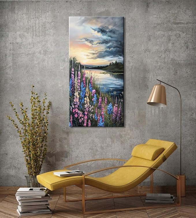 LASMOND Beautiful Colorful Grassland by Riverbank Landscape Wall Art Decor Artwork for Bedroom (24x48 Inches)-Ruum Studio Home