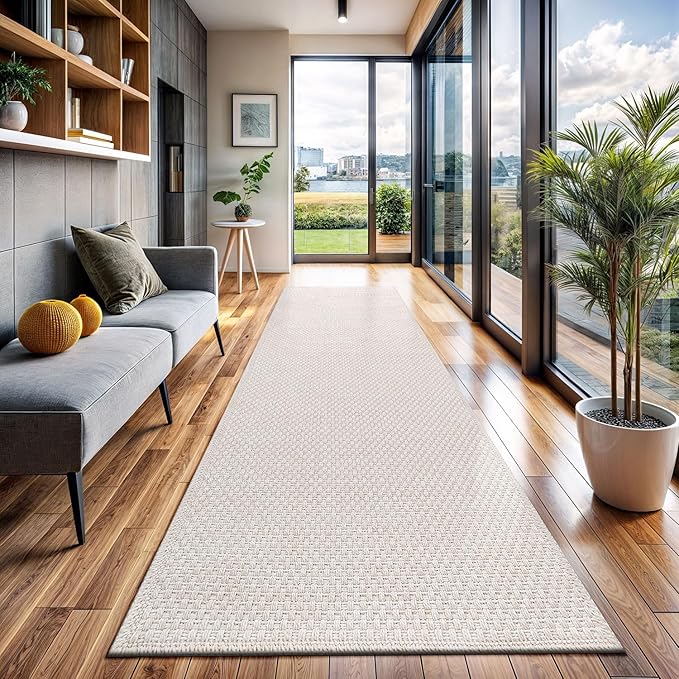CAMILSON Indoor and Outdoor Runner Rug Off-White Solid Woven Design Easy-Cleaning Non Shedding Farmhouse Living Room Bedroom Garden Patio and Kitchen Washable Outside Carpet Alfombras (2x7)-Ruum Studio Home