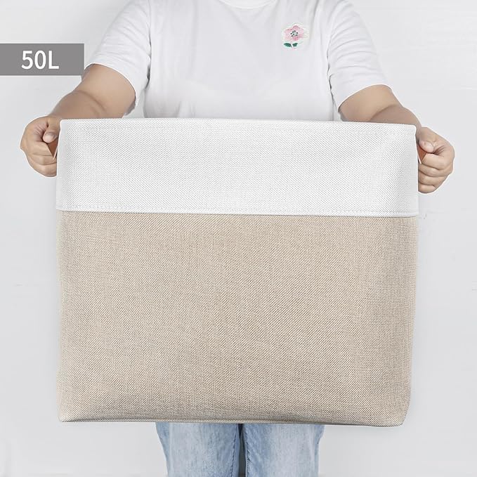 Large Fabric Storage Baskets | 50L Storage Bins, Decorative Linen Closet Baskets with Handles for Organizing, Shelf, Toys, Clothes, Home, Office, Nursery, 17x12x15Inches (Beige&White)-Ruum Studio Home
