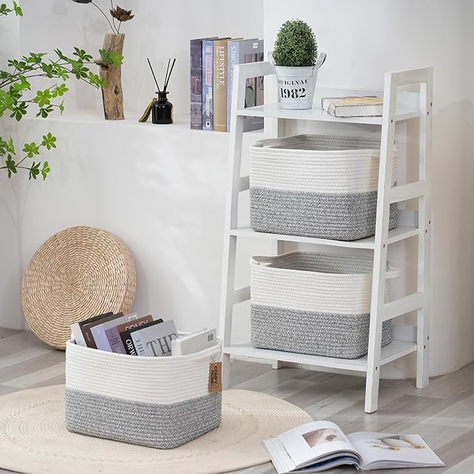 COMFY-HOMI 3-Pack Cotton Rope Woven Basket with Handles for Shelves, Book, Cloth Basket|Dog Toy Basket for Organizingy|13.5" x 11" x 9.5" for Bedroom（White/Grey）-Ruum Studio Home