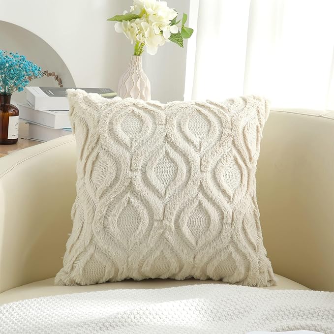decorUhome Fall Throw Pillow Covers 22x22 Inch Set of 2, Soft Plush Decorative Faux Fur Beige Solid Couch Pillow Covers, Accent Farmhouse Neutral Square Euro Pillow Cases for Sofa Bed Living Room-Ruum Studio Home