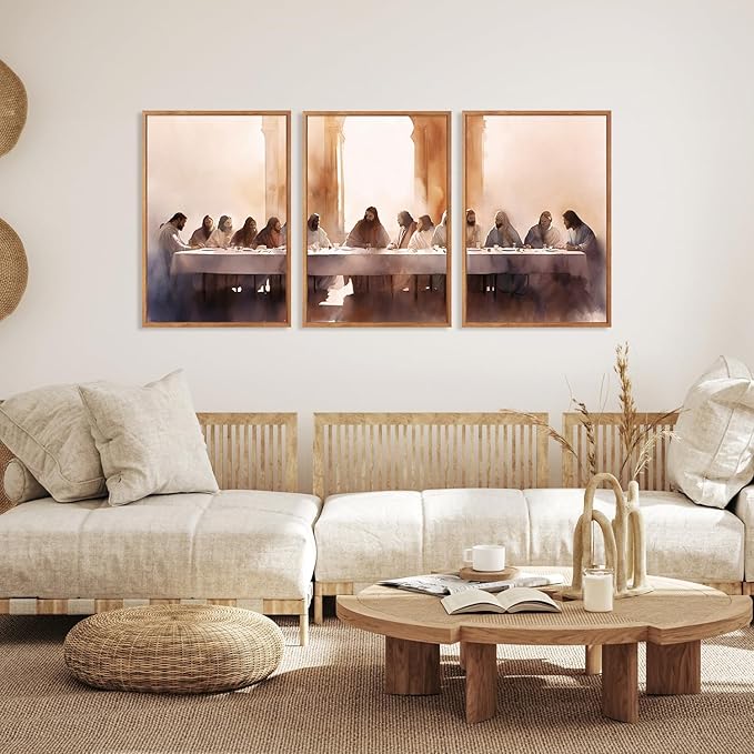Aurlan Jesus Last Supper Bible Story Wall Art(16"x24"), 3PCS Boho Christ Christian Easter Gifts Canvas Artwork, Neutral Spiritual Religious Faith Decor Prints for Office Home-Ruum Studio Home
