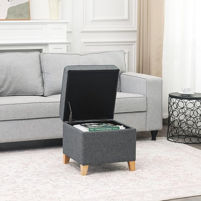 Adeco 17.5" Square Fabric Ottoman with Storage, Upholstered Cotton Linen Foot Rest, Flip Top Footstool, Small Cube Coffee Table Extra Seat for Living Room, Bedroom, Grey with Burlywood Legs-Ruum Studio Home