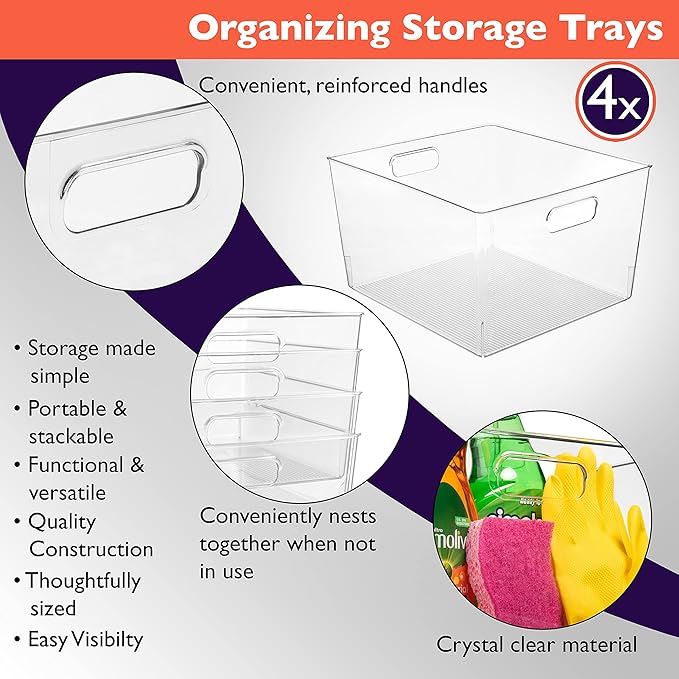 ClearSpace Clear Plastic Storage Bins – XL 4 Pack Perfect for Kitchen,Fridge, Pantry Organization, Cabinet Organizers-Ruum Studio Home