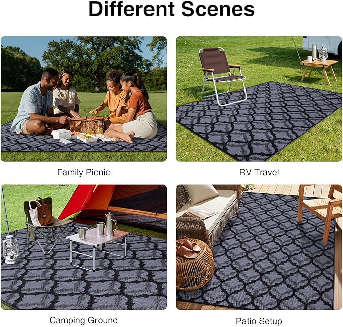 OLANLY Reversible Outdoor Rug 6x9 ft Clearance, Waterproof Outdoor Plastic Straw Rug with Interlacing Pattern, RV Mat for Patio, Camping, Balcony, Deck, Backyard, Black & Grey-Ruum Studio Home