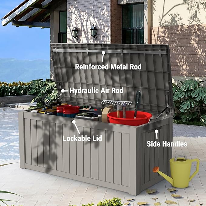 Mars Villa 119 Gallon Outdoor Storage Box Waterproof, Large Resin Deck Box for Pool Supplies Storage, Outdoor Patio Furniture Cushions, with Hydraulic Hinge, UV-Resistant and Weatherproof, Greige-Ruum Studio Home