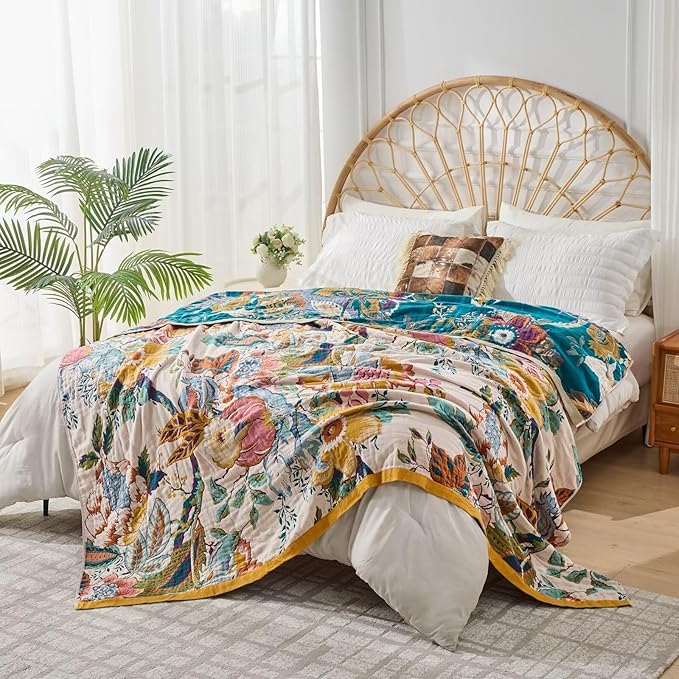 Ultra Soft Lightweight Cotton Quilts,Cozy Summer Boho Throw Blankets,Lightweight Reversible Muslin Blanket Decor Blankets for Armchair Travel, 80"x90" Large Muslin Mexican Throw Blanket-Ruum Studio Home