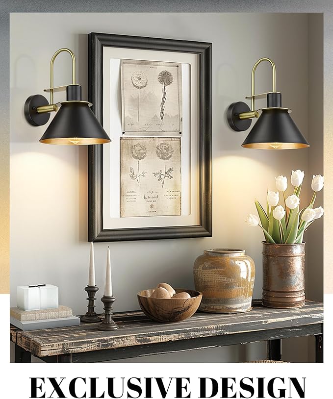 Black Wall Sconce, HWH Industrial Indoor Wall Light Fixture, Single Wall Vanity Light Gooseneck Barn Wall Sconce Lamp for Bedroom Kitchen, Black and Gold Finish, 5HZG56B-L BK+BG-Ruum Studio Home