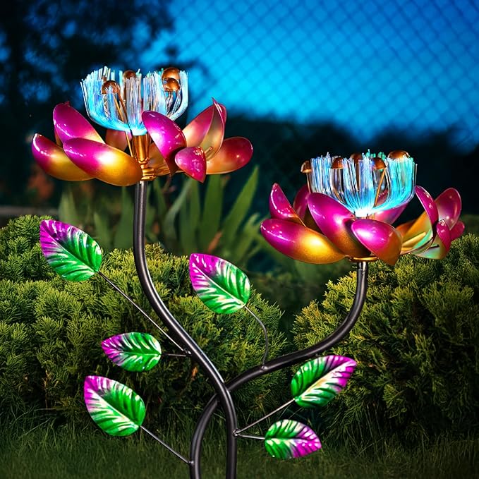 Solar Wind Spinners Pink Twin Flowers for Yard and Garden, Solar Windmill Garden Whirligig Kinetic Spinners Decor for Lawn, Patio, Yard, Metal Wind Outdoor Sculpture-Ruum Studio Home