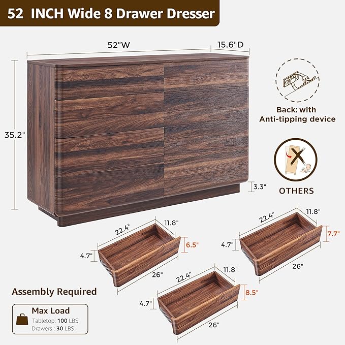 8 Drawer Dresser for Bedroom, 52 Inch Wide Modern Chest of Drawers, Push-to-Open Wood Storgae Organizer with Large Drawers for Bedroom, Living Room, Hallway,Brown-Ruum Studio Home