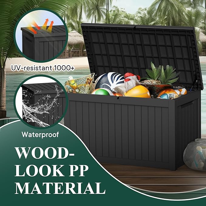 230 Gallon Outside Storage Box, Resin All Weather Storage Cabinet, Large Deck Box for Garden Tools, Patio Furniture, Sports Equipment, Black-Ruum Studio Home