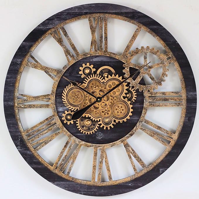 The Gears Clock 36'' Inch Real Moving Gear Wall Clock Vintage Industrial Oversized Rustic Farmhouse (Vintage Black Wood and Bronze)-Ruum Studio Home