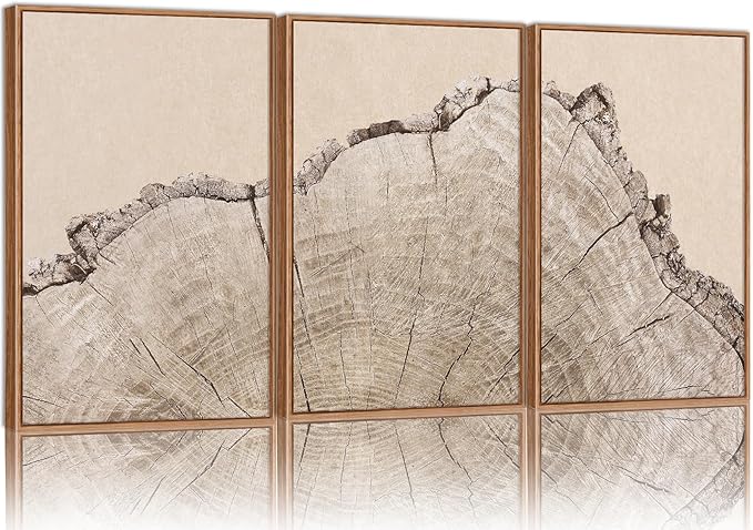 SIGNINART Large Tree Ring Framed Canvas Wall Art Set, Rustic Beige Wooden Wall Decor, Neutral Nature Wood Stump Artwork, Modern Art Prints for Bedroom Living Room Office 24"x36"x3-Ruum Studio Home
