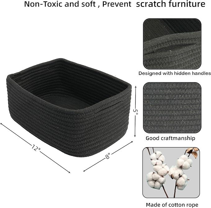 Small Woven Storage Baskets 12“X8”X5“ Decorative Rope Bins for Organizing Shelves, Closets, and Toys, Empty Gift Baskets, Cute Organizer Basket for Home and Office (black, regular)-Ruum Studio Home